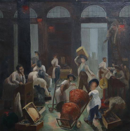 Modern British, oil on canvas, Figures inside a warehouse, 121 x 105cm